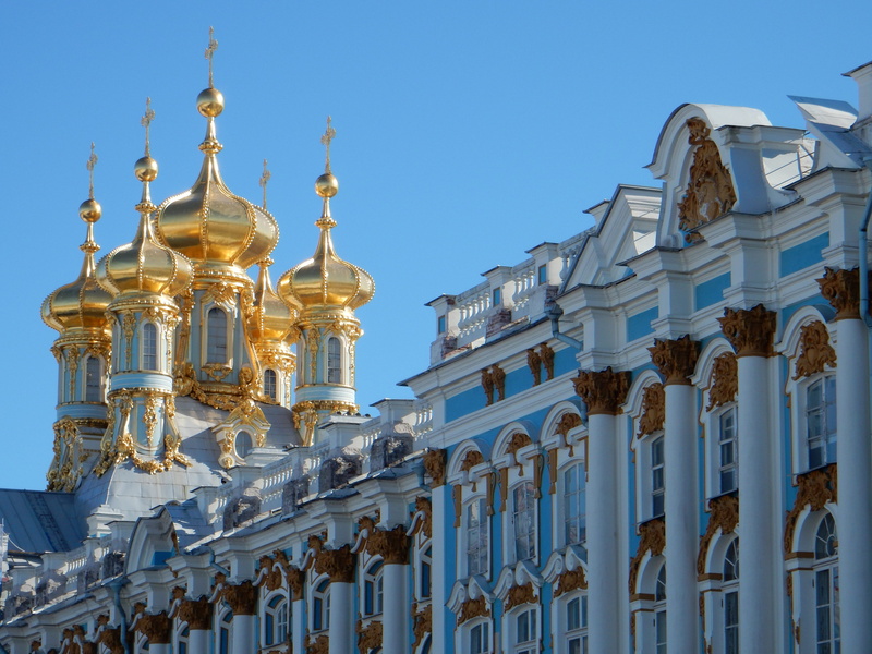 blue, 4K, building exterior, russia, spirituality, outdoors, palace, pushkin, built structure, historically, no people, spire, city, clear sky, belief