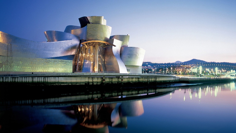 modern, building, gray, building exterior, concrete, sky, waterfront, travel destinations, nature, outdoors, Bilbao, luxury, clear sky, day, river, blue