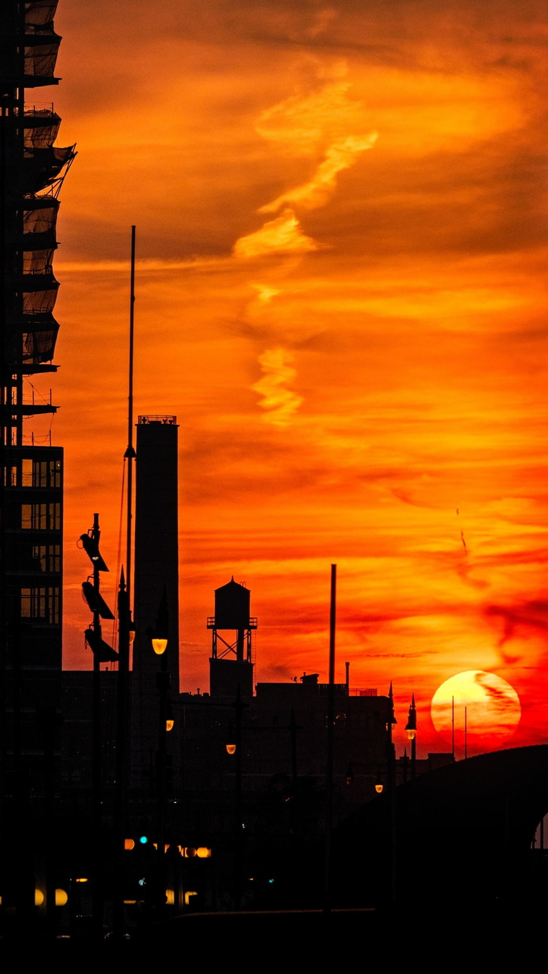 building, street light, photography, portrait display, Chicago, cityscape, 1080P, orange, USA, sunset, silhouette, clouds