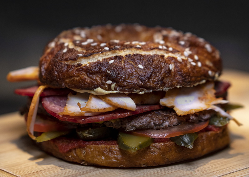 bacon, temptation, deli meat, sandwich, freshness, bread, pancake, breakfast, sweets, burger, cornbread, shop, indulgence, brie, pepperoni, food, food and drink