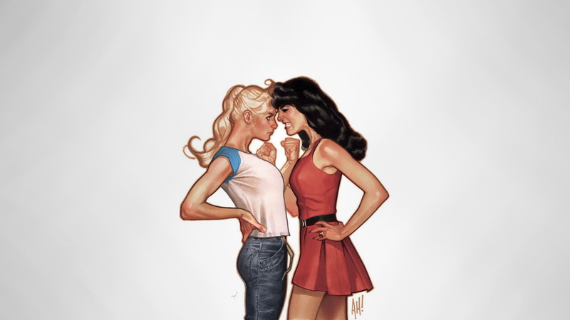 Betty and Veronica, happiness, emotion, illustration, casual clothing, 1080P, Adam Hughes, studio shot, togetherness, brunette, young women, beautiful woman