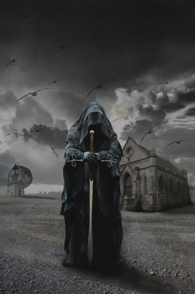 outdoors, horror, brown, field, black robe, human representation, creativity, building, night, built structure, sky, art and craft, transportation, nature