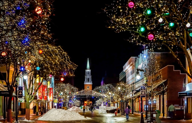 decoration, buildings, colorful, xmas, cityscape, church, architecture, vermont, night, lights, christmas, december, 1080P, burlington