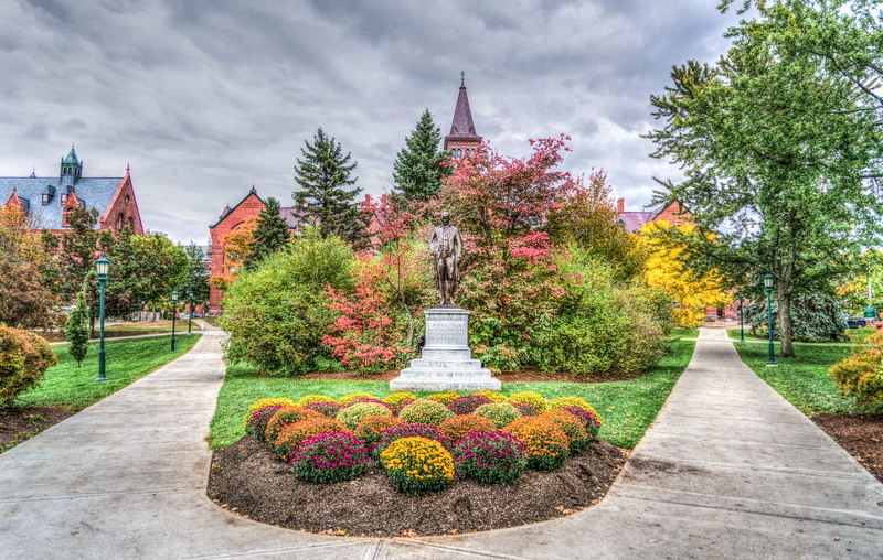 ornamental garden, tree, footpath, grass, surrounded, photo, green color, statue, flowerbed, day, trees, built structure, change, autumn, vermont, cloudy sky