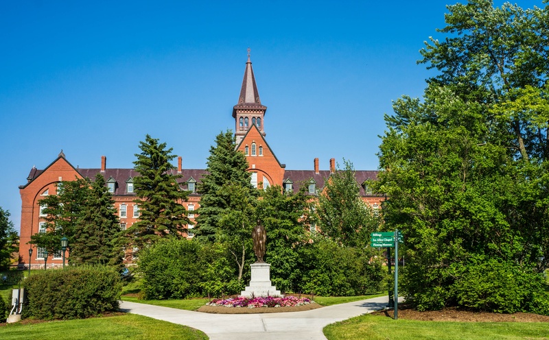 landscape, building, building exterior, vermont, university of vermont, beautiful, green color, belief, plant, tower, sunlight, grass, spire, design, place of worship