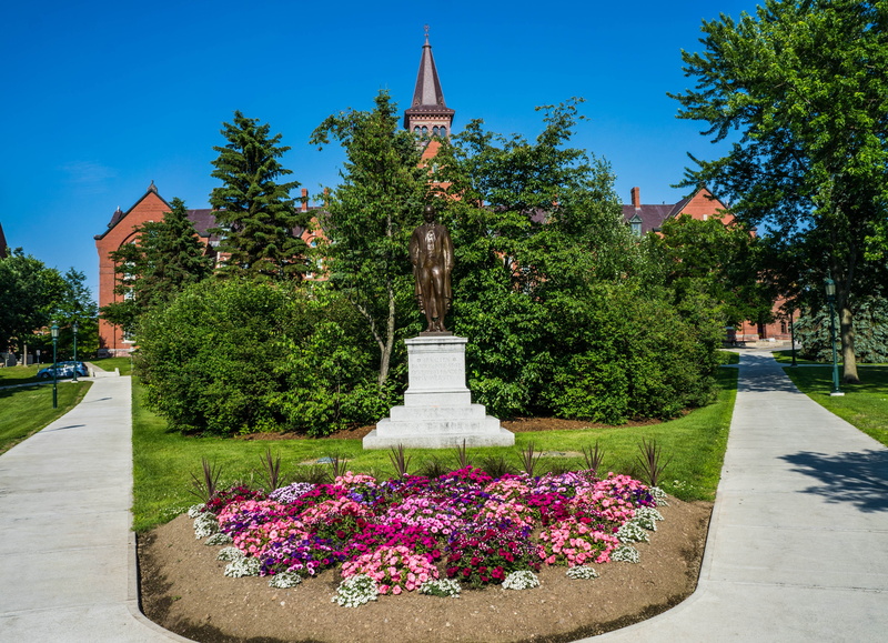 statue, day, building, university, landscape, flower, building exterior, park - Man Made Space, flowerbed, formal Garden, design, University Of Vermont