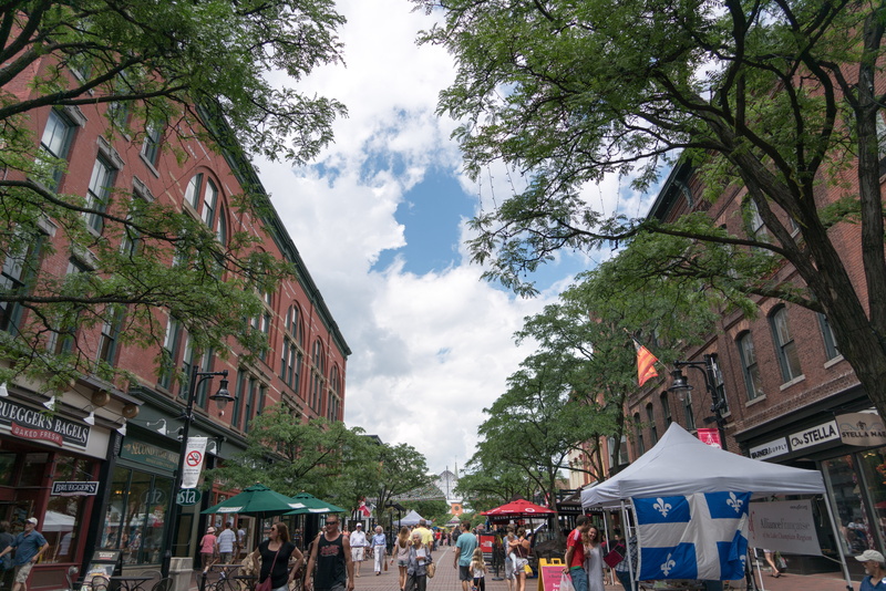 real people, men, city life, tree, burlington, crowd, architecture, trees, large group of people, church street, group of people, outdoors, built structure