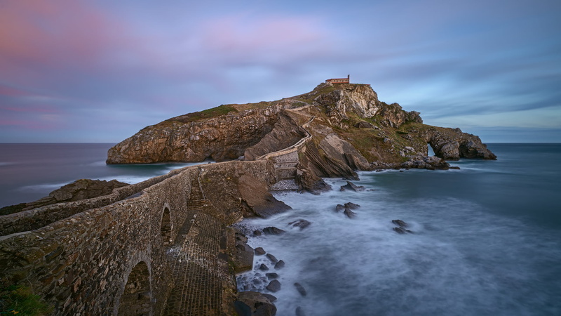 dawn, island, 1080P, bridge, nature, landscape, rocks, Spain, clouds, Gaztelugatxe, sky