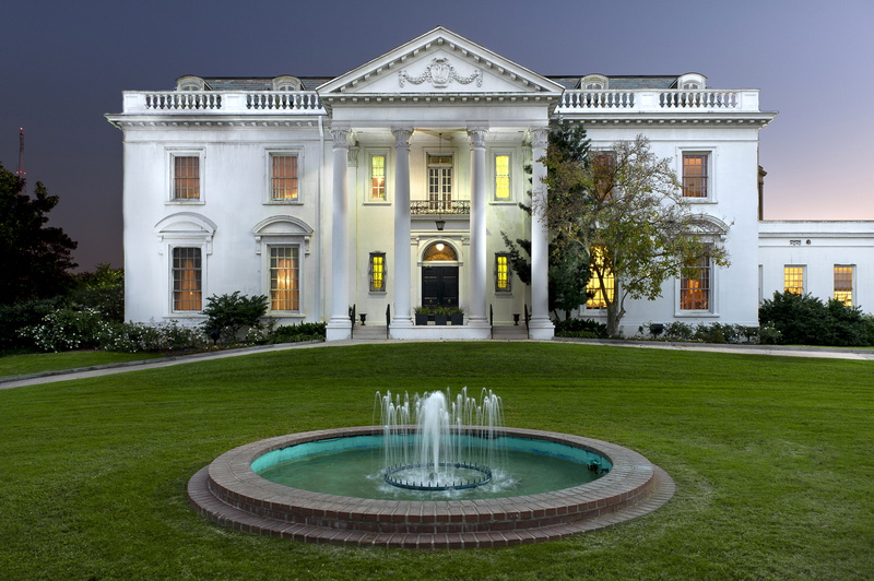 Louisiana, fountain, 2K, design, the evening, lawn, the bushes, USA, mansion, lights, house