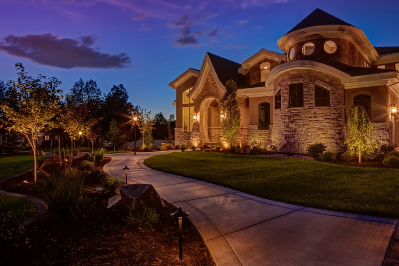 wealth, dusk, mansion, built structure, lights, no people, plant, architecture, night, residential district, grass, tree, facade, sunset, building, track
