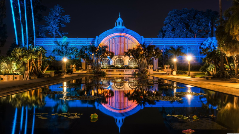 illuminated, pool, lake, california, lighting, evening, symmetry, reflecting pool, no people, reflection, plant, water, garden, palm tree, san diego, travel destinations