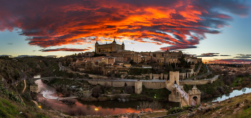 clouds, house, scenery, castle, evening, Spain, landscape, surrounded, body, bridge, river, concrete, 1080P, water, sky, Toledo, glow
