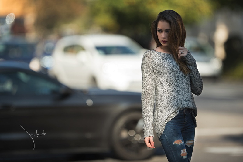Juan Renart, 720P, long hair, depth of field, sweater, torn jeans, grey sweater, makeup, auburn hair, women, model