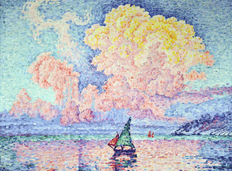 2K, Pink Cloud. Antibes, sail, boat, Paul Signac, picture, sea, landscape, pointillism