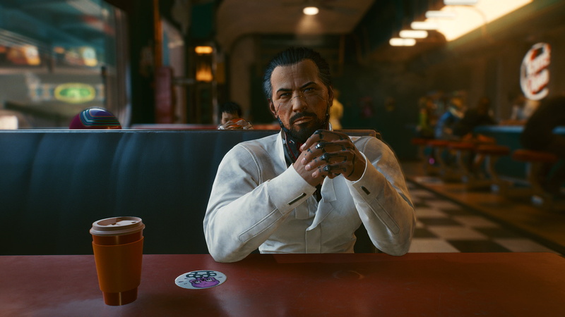 Japan, screen shot, Arasaka, restaurant, Cyberpunk 2077, futuristic, 2K, Japanese characters, cyberpunk