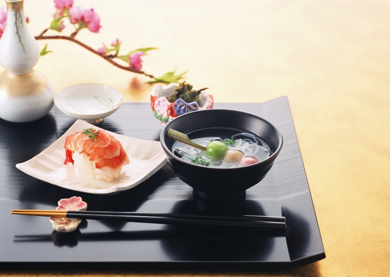 savory Sauce, refreshment, vegetable, flower, still life, asia, cooking, tray, black, japan, soup, restaurant, 1080P, high angle view, east Asian Culture