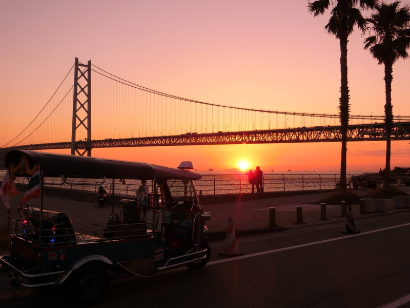 travel destinations, 1080P, city, outdoors, sun, bay, orange color, bridge, sea, akashi, transportation, bridge - man made structure, built structure