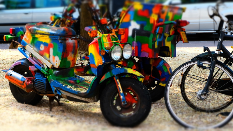 scooters, 4K, outdoors, incidental people, day, bicycle, Netherlands, car, road, city, multi colored, selective focus, focus on foreground, creativity