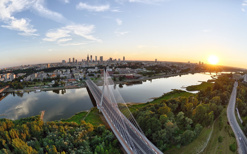 hung, city, river, Sunset, road, trees, sky, 4K, forest, Warsaw, bridge, support, sun, house, horizon