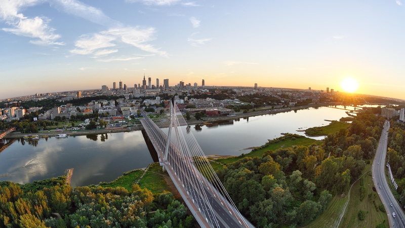 daytime, horizon, modern, cityscape, urban area, tower, sky, warsaw, city, outdoors, cloud - sky, nature, siekierkowski bridge, travel destinations, built structure