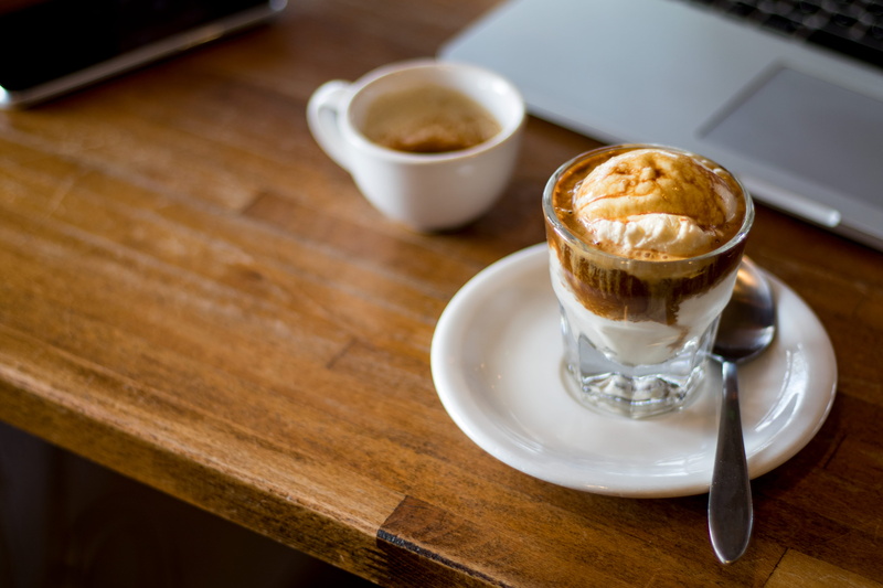 food and drink, ice cream, wood - material, cup, coffee, drink, espresso, spoon, indoors, united states, 5K, affogato, cappuccino, coffee - drink, coffee shop