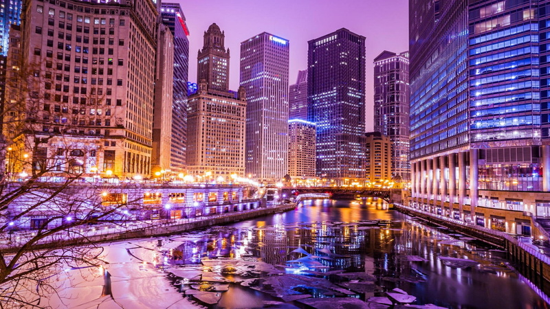 residential district, chicago riverwalk, river, built structure, architecture, skyscraper, chicago, winter, evening, city lights, dusk, cold temperature