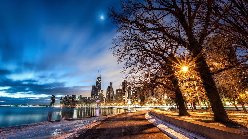 dusk, no people, us, cloud - sky, office building exterior, built structure, road, tower, tree, diminishing perspective, illuminated, lake shore path, united states