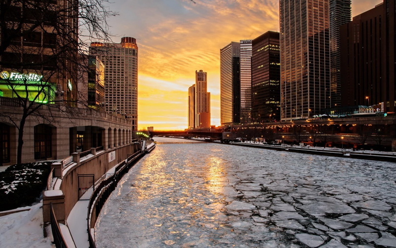 winter, rise, United States, city, snow, high, sunset, water, wall, united, 720P, curtain, skyscrapers, buildings, America, states, Chicago, ice