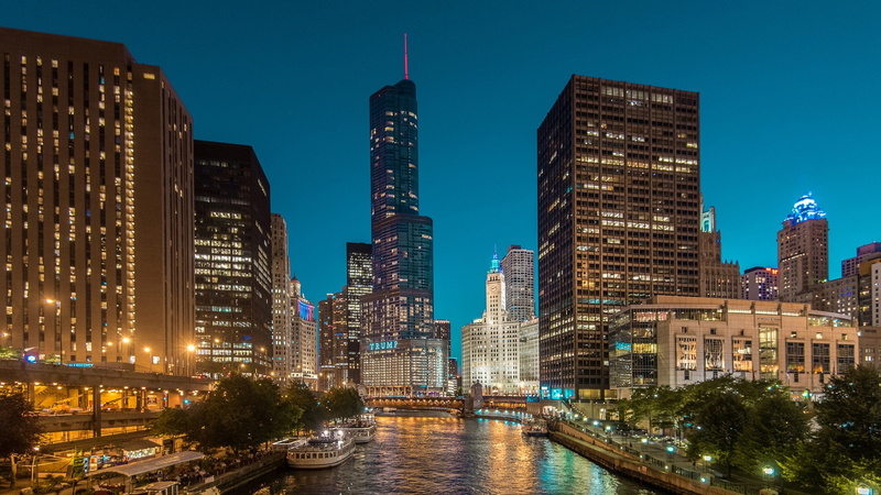 landmark, skyscraper, 1080P, skyline, cityscape, united states, city lights, chicago riverwalk, dusk, chicago, chicago river, river, city, night, downtown