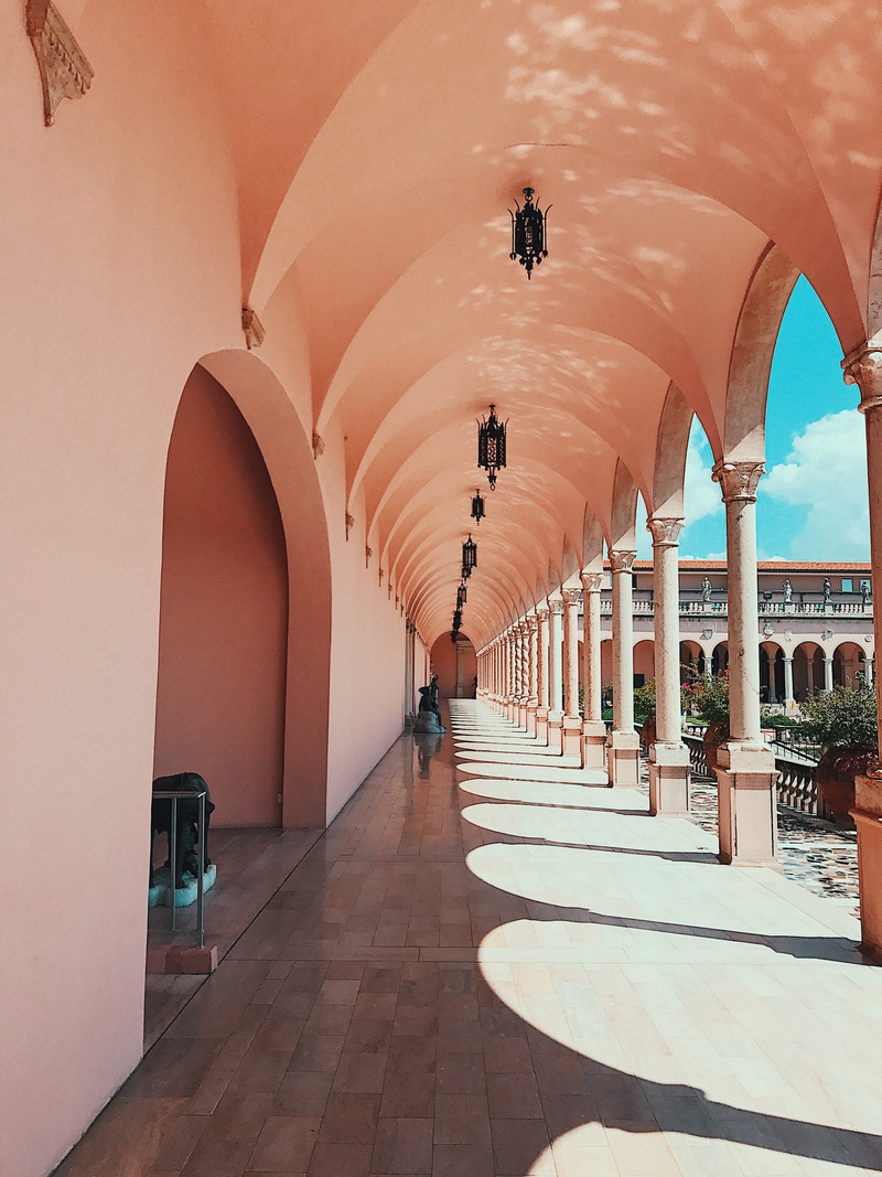 outside, ringling museum, flooring, hall, hanging, sarasota, no people, direction, indoors, tiled floor, arched, repetition, colonnade, united states, in a row