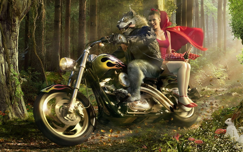 anime, motorcycle, black, wolf, hood, little, riding, background, red, biker, funny, 1080P, cruiser
