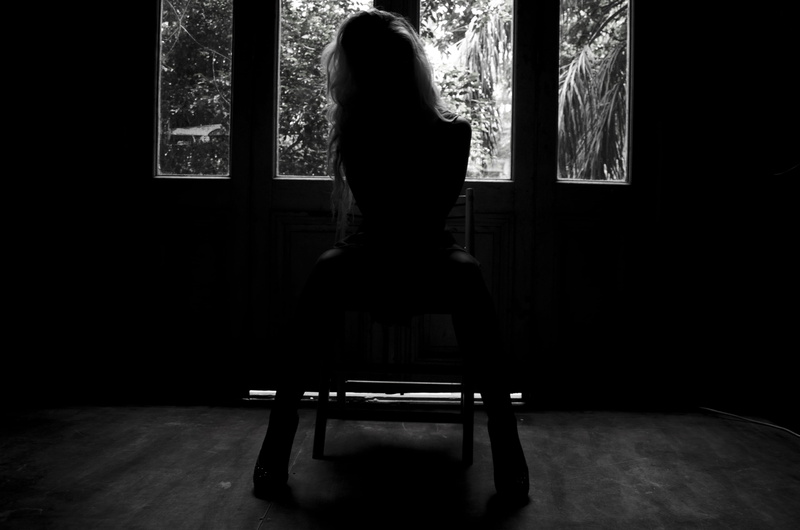 woman, female, flooring, chair, 4K, one person, rear view, full length, standing, domestic room, black and white, transparent, silhouette, home interior