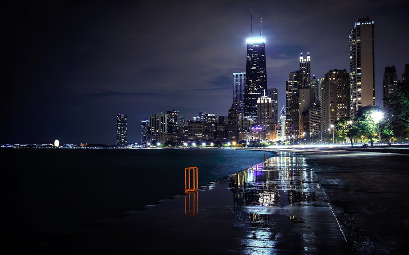 Night, City, Illinois, River, Chicago, Lights, Skyscrapers, USA, 2K