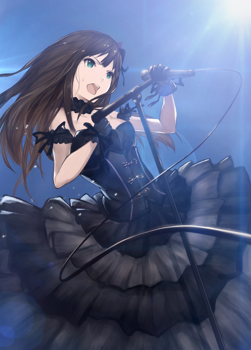 anime, microphone, cleavage, anime girls, blue eyes, long hair, dress, Shibuya Rin, 4K