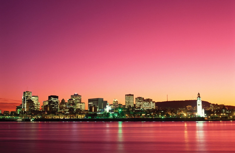 high, sky, gray, city lights, urban skyline, rise, outdoors, skyscraper, city, pink, Montreal, water, reflection, office building exterior, nature, landscape