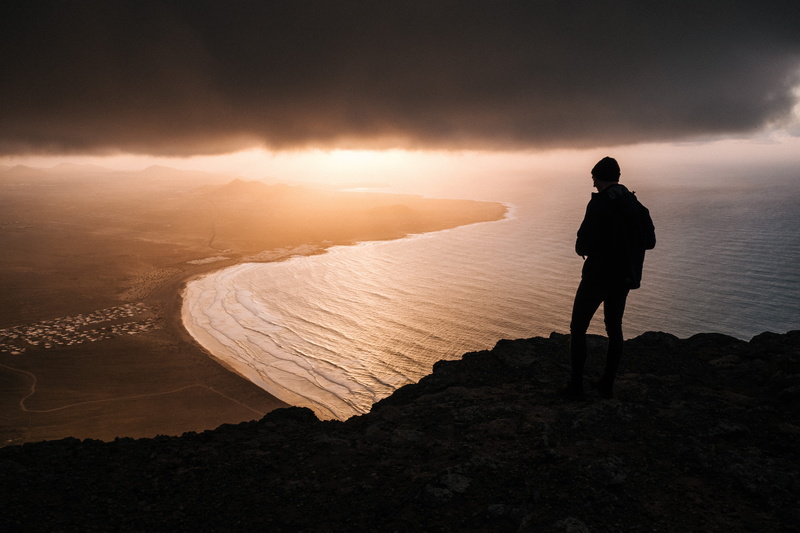 land, water, mountain, full length, sky, hiking, man, trip, 4K, men, sunset, vacations, near, person, body, holiday, ocean, cloud - sky, scenics - nature