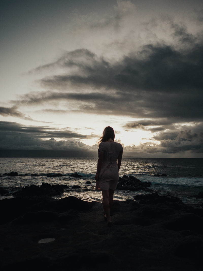 landscape, woman, hawaii, one person, scenics - nature, style, fashion, shore, cloud - sky, rear view, maui, beach, sky, horizon, tropical, water, blonde