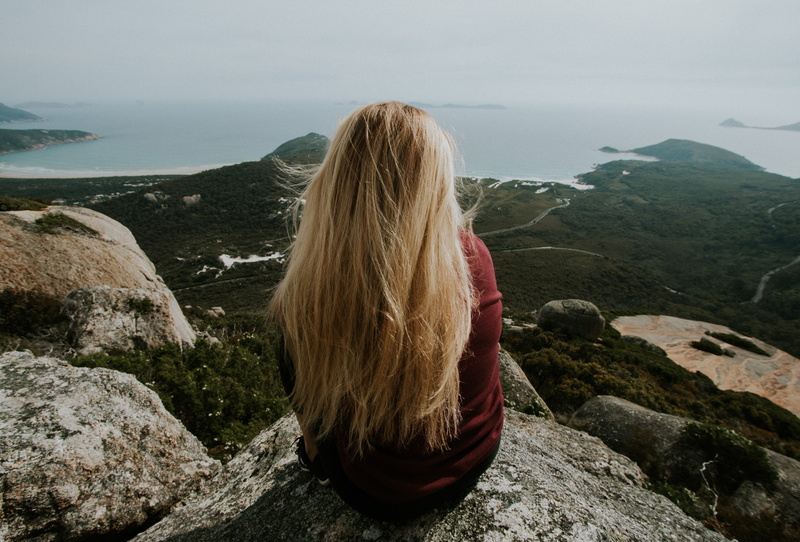 summer, rock - Object, girl, woman, top, female, sitting, females, nature, blonde hair, looking, caucasian Ethnicity, cliff, travel, rock, ocean, tree
