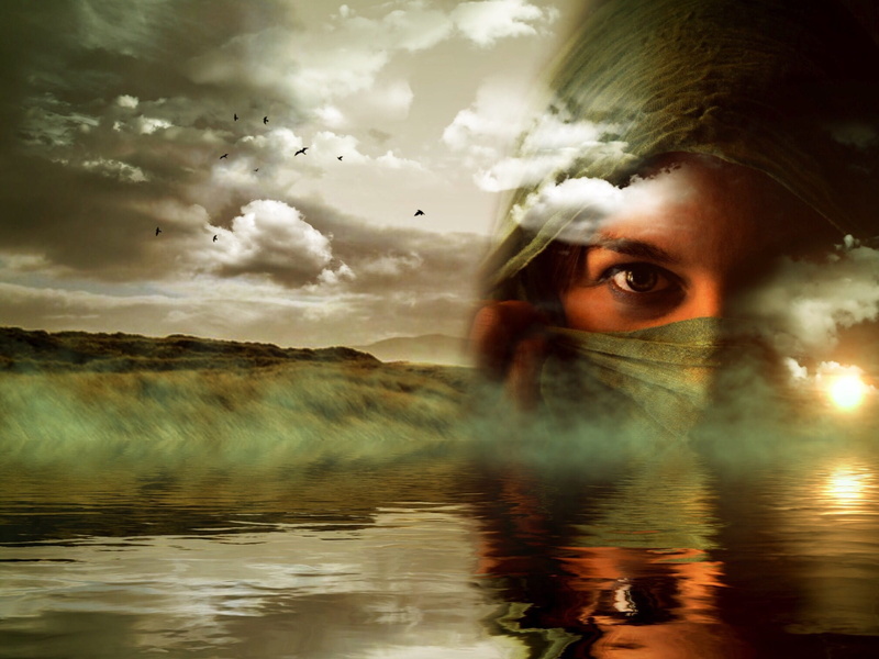 sun, green, pond, fog, waves circles, spieglung, relax, abendstimmung, coast, human face, view, rest, water, veiled, wave, meditation, background image