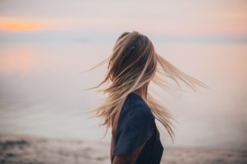 golden hour, freedom, waist up, model, black, blond hair, woman, motion, land, clouds, lady, pose, sunset, close-up, horizon, casual, brown hair, person