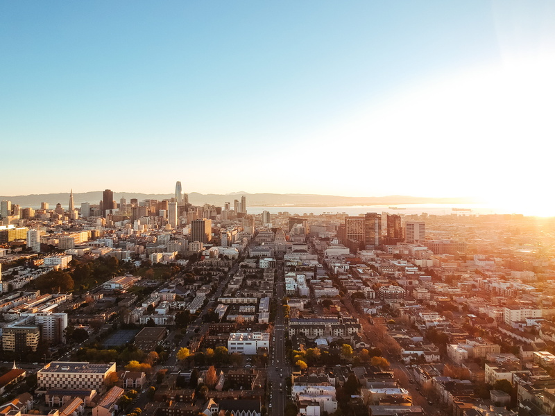 high angle view, 4K, blue, buildings, building, city life, city, san francisco, building exterior, landscape, aerial view, road, architecture, modern