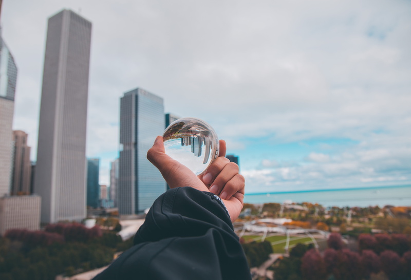 woman, cityscape, person, ball, glass, real people, cloud - sky, built structure, headshot, 8K, sky, buildings, daylight, reflection, nature, office building exterior