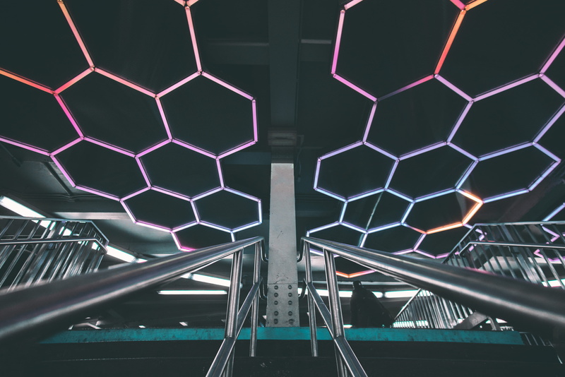 railing, artsy, neon, 5K, gray, design, railings, stainless steel, architecture, perspective, no people, nature, subway station, hand, hexagon, urban