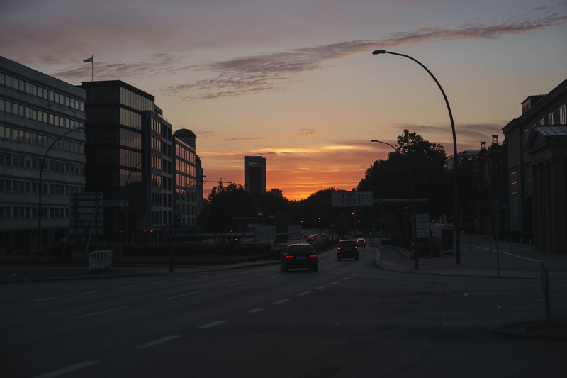 city street, transportation, land vehicle, travel, 5K, dark, motor vehicle, road, cloud - sky, orange color, building, building exterior, sunset, hamburg
