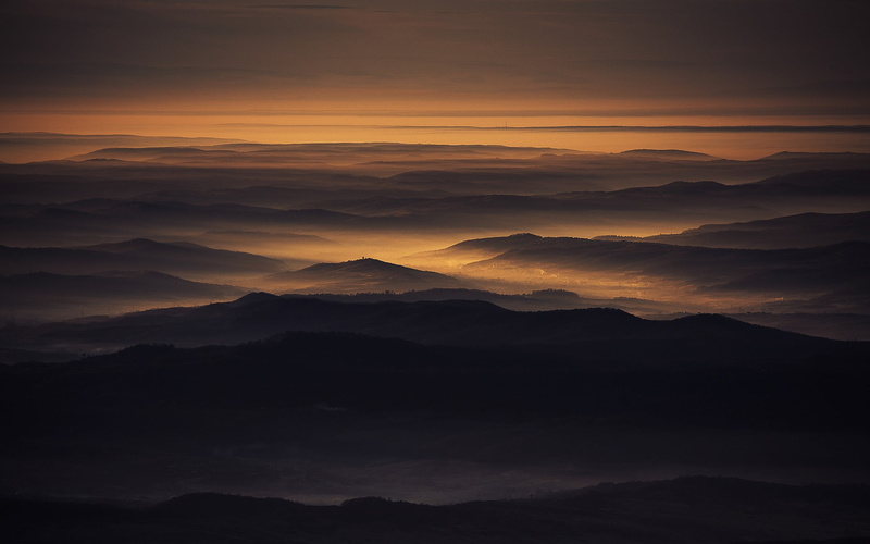 mountain, environment, tranquility, gold, non-urban scene, tranquil scene, mist, outdoors, mountain range, sunset, scenics - nature, no people, mountains