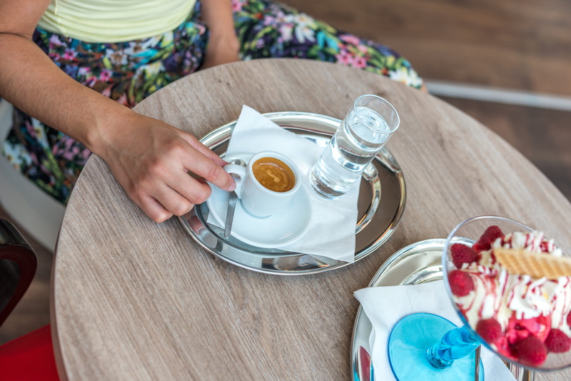 enjoy, one person, espresso, outdoors, indoors, food, 8K, food and drink, plate, freshness, wooden, coffee cup, glass, beverage, woman, sitting, drink