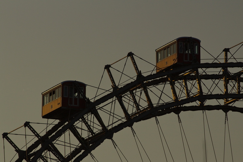 two, wheel, control tower, carnival, machine, silhouette, nature, low angle view, transportation, aircraft, sunset, outdoors, day, cabins, amusement park ride