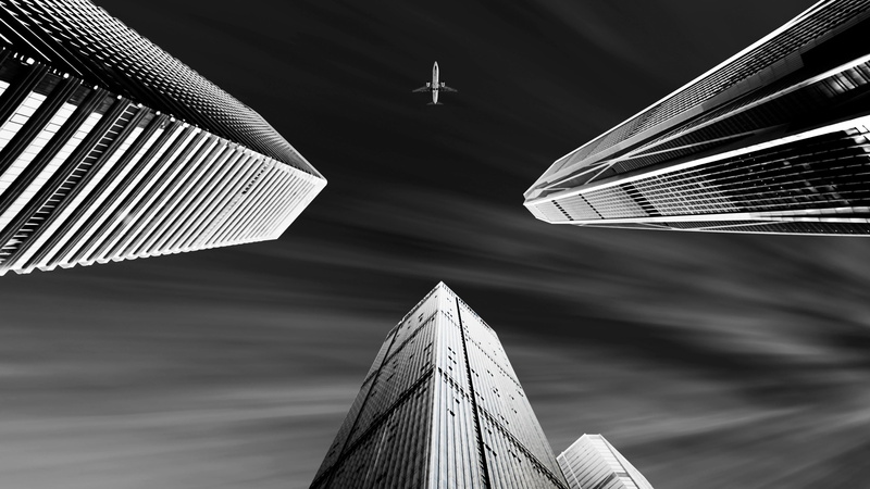 skyline, wood - material, airplane, tall - high, low angle view, asia, monochrome, skyscraper, illuminated, cloud - sky, shenzhen, tower, directly below