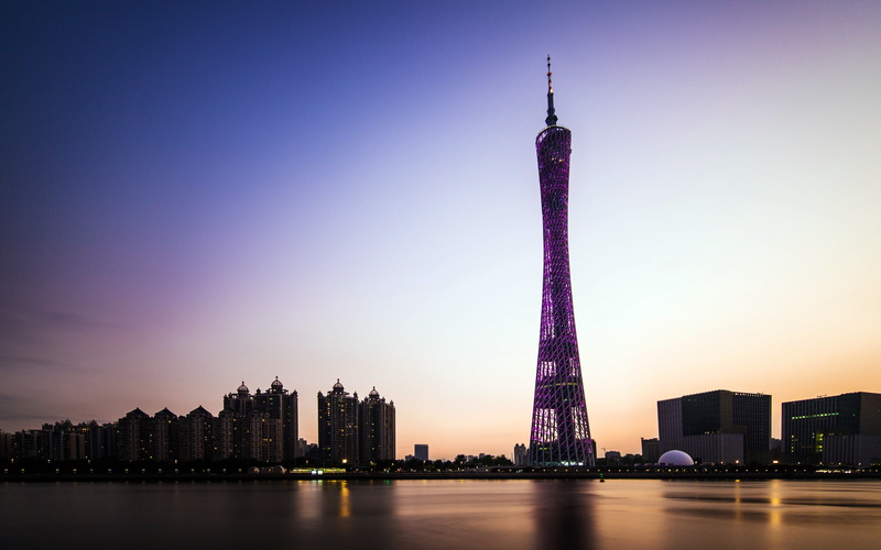 cityscape, 4K, water, outdoors, city, travel destinations, purple, tower, evening, sky, landmark, no people, financial district, nature, guangzhou, architecture