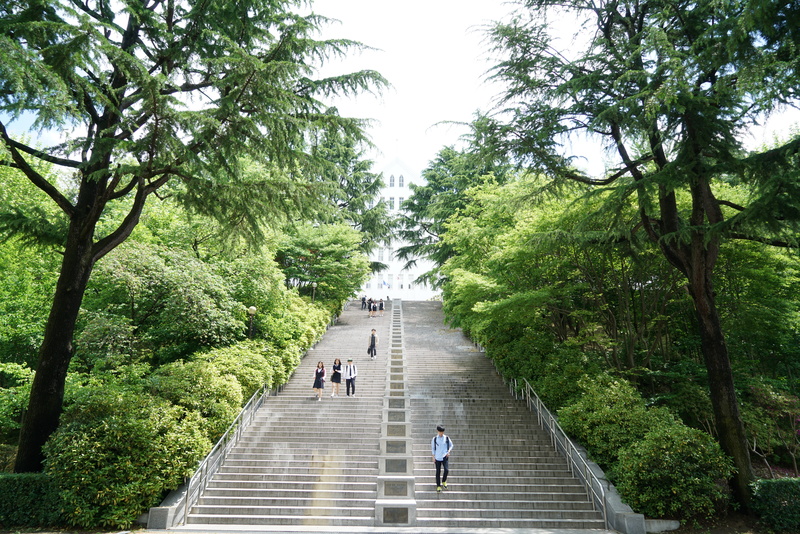 nature, real people, women, total students, park, one person, korea, steps and staircases, leaders, architecture, stairs, chosun, university, green color
